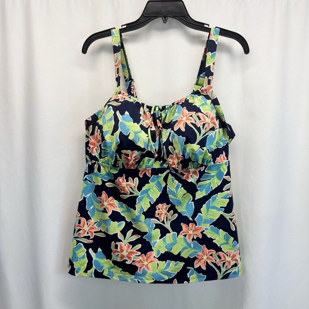 Lands End Womens Tankini 18W Swimsuit Top Blue Tropical Floral Print Underwire